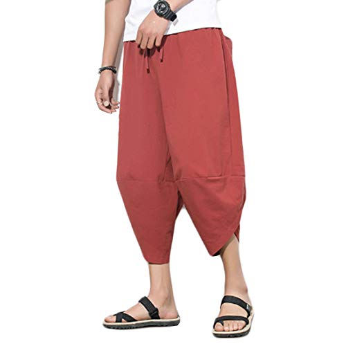 Huicai Pantalones Harem Capri de Hombre Pantalones Cortos Holgados Casuales Lounge Pantalón de algodón y Lino Pantalones japoneses Salvajes