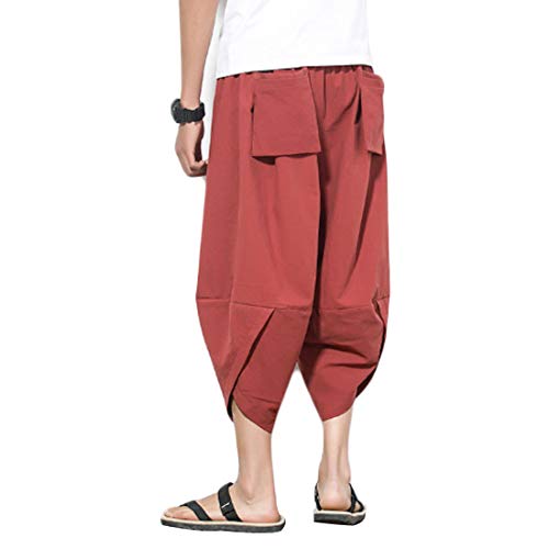 Huicai Pantalones Harem Capri de Hombre Pantalones Cortos Holgados Casuales Lounge Pantalón de algodón y Lino Pantalones japoneses Salvajes