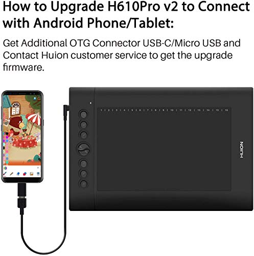 HUION Graphic Tablet H610Pro V2 OTG, Stylus sin batería con función de inclinación y 8192 Niveles de sensibilidad a la presión de la Pluma y 8 Teclas de Prensa Personalizadas