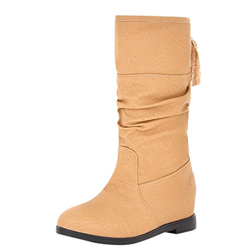 HULKY Botines con alzas Mujer, Botas Planas Piel Encaje de Cabeza Redonda Zapatos Flecos Fiesta Nuevo Zapatos Comodos Moda Casual Comfort Botas Termicas Invierno(Amarilla,39)