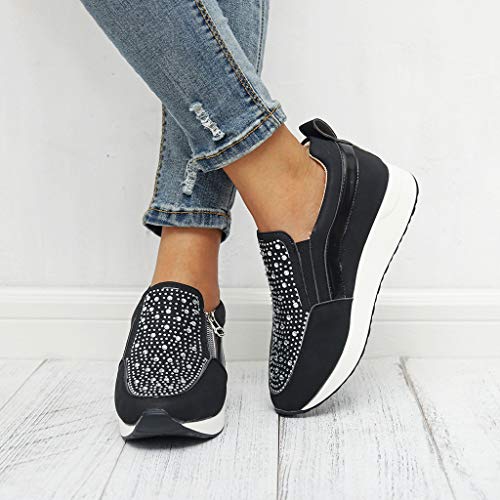 HULKY Zapatos Deportivos Plataforma Mujer, Zapatillas Brillantes Calzado con Cremallera Plano Calzado Running Andar Casual Fiesta CláSico Comodos (Negro,35)