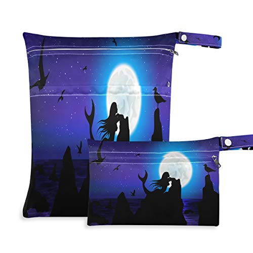 Hunihuni Bolsa de tela para pañales húmedos y secos, diseño de sirena náutica, impermeable, reutilizable, dos bolsillos con cremallera para viajes, playa, gimnasio, trajes de baño húmedos, 2 unidades Hunihuni Bolsa de tela para pañales húmedos y secos, diseño de sirena náutica, impermeable, reutilizable, dos bolsillos con cremallera para viajes, playa, gimnasio, trajes de baño húmedos, 2 unidades
