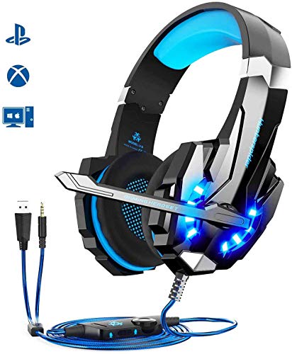 Hunterspider V-9 Auriculares para videojuegos con micrófono, sonido envolvente de bajos estéreo (Stereo Bass Surround), luz led, color azul