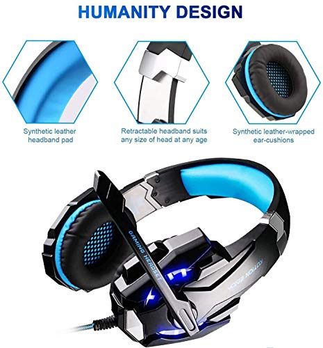 Hunterspider V-9 Auriculares para videojuegos con micrófono, sonido envolvente de bajos estéreo (Stereo Bass Surround), luz led, color azul