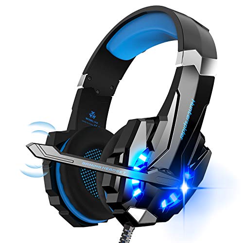 Hunterspider V-9 Auriculares para videojuegos con micrófono, sonido envolvente de bajos estéreo (Stereo Bass Surround), luz led, color azul