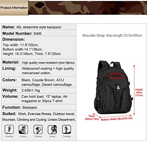 Huntvp Mochila Táctica de Nylon 40L Bolsa de Asalto Estilo Militar Bolsa Impermeable para Las Actividades Aire Libre Senderismo Caza Viajar Color Negro Huntvp Mochila Táctica de Nylon 40L Bolsa de Asalto Estilo Militar Bolsa Impermeable para Las Actividades Aire Libre Senderismo Caza Viajar Color Negro