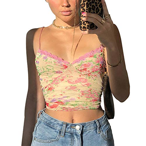 Huyghdfb Women's Lace Crop Top Sexy V Neck Spaghetti Strap Tank Top Cami Sleeveless Patchwork Camisole Shirt (Yellow-Floral, M)