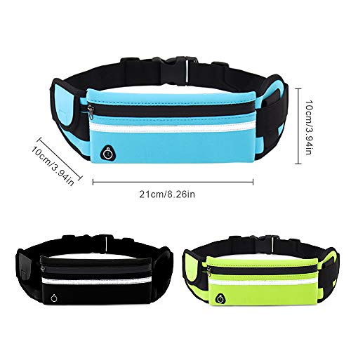 HvxMot Riñonera Gym, Cinturón para Correr, 3 Piezas Bolsa para Correr, con Soporte para Botella de Agua y Orificio para Auriculares, para Correr, Caminar, Andar en Bicicleta (Negro, Verde, Azul)