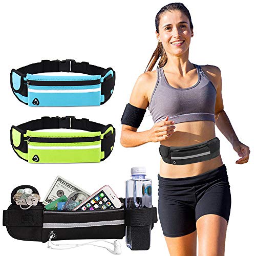 HvxMot Riñonera Gym, Cinturón para Correr, 3 Piezas Bolsa para Correr, con Soporte para Botella de Agua y Orificio para Auriculares, para Correr, Caminar, Andar en Bicicleta (Negro, Verde, Azul)