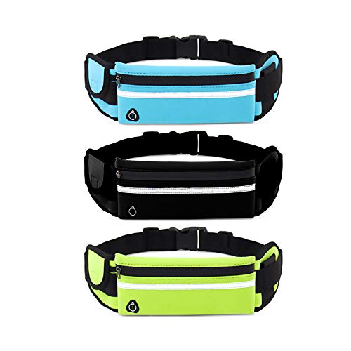 HvxMot Riñonera Gym, Cinturón para Correr, 3 Piezas Bolsa para Correr, con Soporte para Botella de Agua y Orificio para Auriculares, para Correr, Caminar, Andar en Bicicleta (Negro, Verde, Azul)