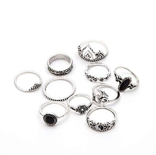 Hwiionne Vintage Punk étnico Cristal Plata Anillos Juegos para Mujeres Anillo de nudillo Sello Conjunto 10pcs