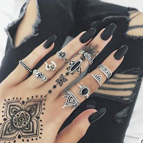 Hwiionne Vintage Punk étnico Cristal Plata Anillos Juegos para Mujeres Anillo de nudillo Sello Conjunto 10pcs