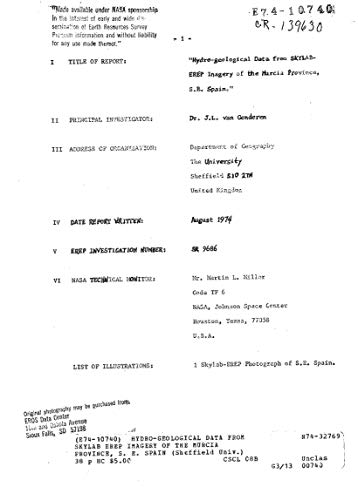 Hydro-geological data from Skylab EREP imagery of the Murcia province, S. E. Spain (English Edition)