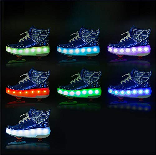 HYJMJJ LED Luces LED Rodillo de Rueda Skate Shoes USB Recargable Cross Trainers Outdoor Gimnasia Zapatillas de Deporte automático Retripable Técnico Patinaje Divertido Patines,Azul,34