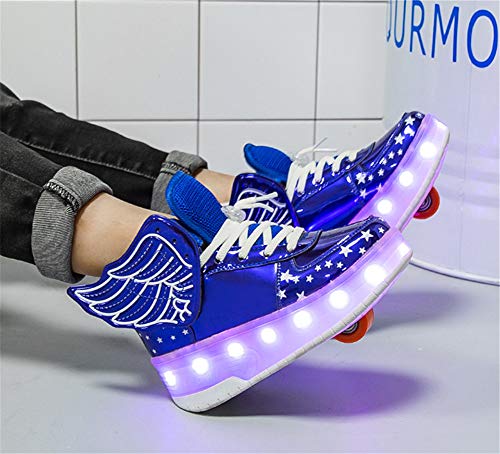HYJMJJ LED Luces LED Rodillo de Rueda Skate Shoes USB Recargable Cross Trainers Outdoor Gimnasia Zapatillas de Deporte automático Retripable Técnico Patinaje Divertido Patines,Azul,34
