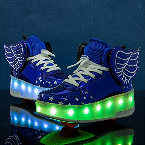 HYJMJJ LED Luces LED Rodillo de Rueda Skate Shoes USB Recargable Cross Trainers Outdoor Gimnasia Zapatillas de Deporte automático Retripable Técnico Patinaje Divertido Patines,Azul,34