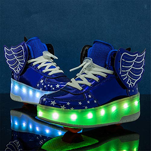HYJMJJ LED Luces LED Rodillo de Rueda Skate Shoes USB Recargable Cross Trainers Outdoor Gimnasia Zapatillas de Deporte automático Retripable Técnico Patinaje Divertido Patines,Azul,32