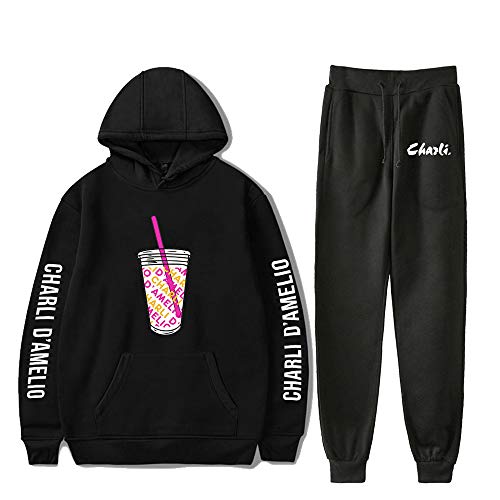 HYPETY Charli D'amelio Conjunto De Dos Piezas Mujeres/Hombres Ice Coffee Splatter Hoodies + Pantalones Largos Casual Sudadera con Capucha Ropa Unisex,Negro,XS