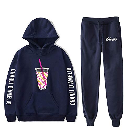 HYPETY Charli D'amelio Conjunto De Dos Piezas Mujeres/Hombres Ice Coffee Splatter Hoodies + Pantalones Largos Casual Sudadera con Capucha Ropa Unisex,Azul,XL