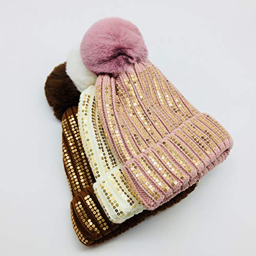 IADZ Sombrero, Gorro de Lentejuelas Doradas para Mujer, Gorro con pompón de Piel sintética para niñas, Gorro de Invierno cálido, Gorro de Lentejuelas, Sombrero Rosa Acanalado