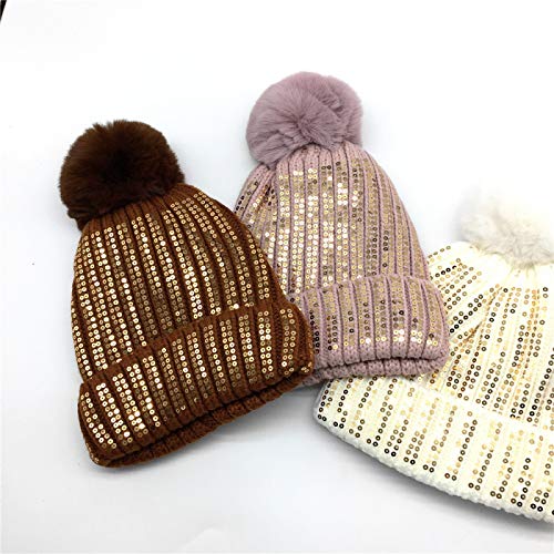 IADZ Sombrero, Gorro de Lentejuelas Doradas para Mujer, Gorro con pompón de Piel sintética para niñas, Gorro de Invierno cálido, Gorro de Lentejuelas, Sombrero Rosa Acanalado