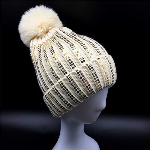 IADZ Sombrero, Gorro de Lentejuelas Doradas para Mujer, Gorro con pompón de Piel sintética para niñas, Gorro de Invierno cálido, Gorro de Lentejuelas, Sombrero Rosa Acanalado