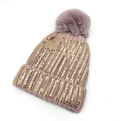 IADZ Sombrero, Gorro de Lentejuelas Doradas para Mujer, Gorro con pompón de Piel sintética para niñas, Gorro de Invierno cálido, Gorro de Lentejuelas, Sombrero Rosa Acanalado