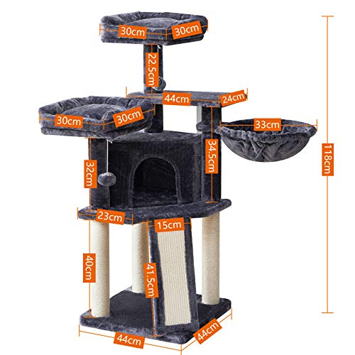 IBUYKE Árbol para Gatos, Torre de Gato rascador Árbol con Escalera de Sisal Bola de Campana, Altura 118cm Gris Ahumado CT012G