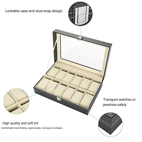 Ichiias Watch Box 12 Grids Jewelry Display Case Anillos de Cuero PU Caja de Almacenamiento Organizador