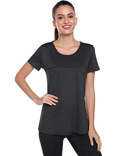 iClosam Camiseta para Mujer Yoga Deportiva Colores Lisos Fitness Transpirable Sueltos Gimnasio Ropa Algodon De Mujers (Negro-1, M)