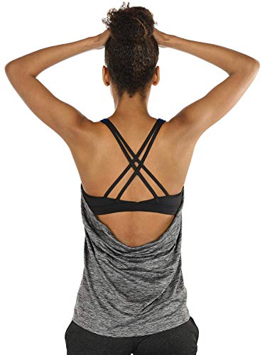 icyzone Camiseta de Fitness Deportiva de Tirantes para Mujer Cruzado-Cruzado 2 en 1 Chaleco Deportivo (M, Charcoal)