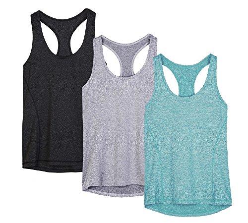 icyzone Camiseta de Fitness Deportiva de Tirantes para Mujer, Pack de 3 (M, Negro/Granito/Verde)