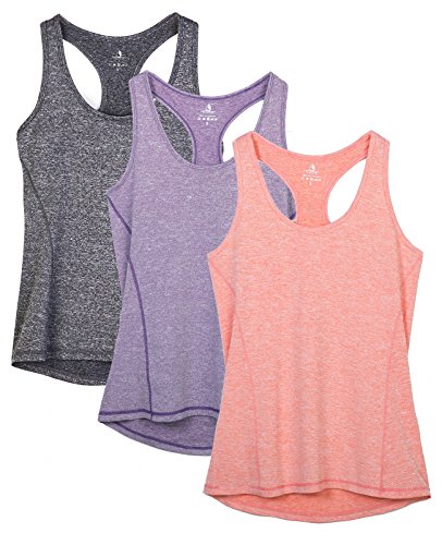 icyzone Camiseta de Fitness Deportiva de Tirantes para Mujer, Pack de 3 (S, Carboncillo/Lavanda/Melocotón)