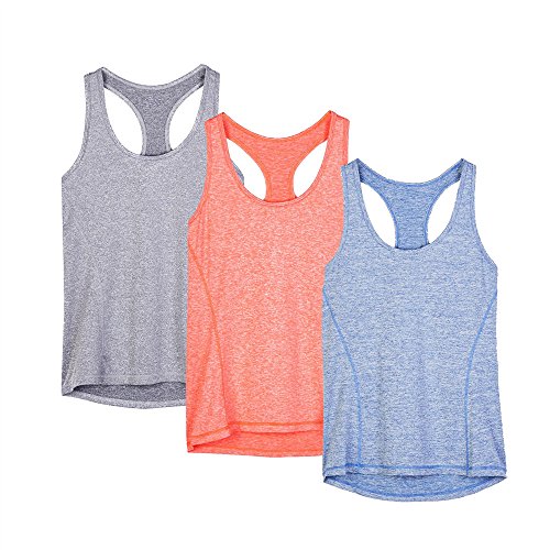 icyzone Camiseta de Fitness Deportiva de Tirantes para Mujer, Pack de 3 (XXL, Granito/Azul/Naranja)