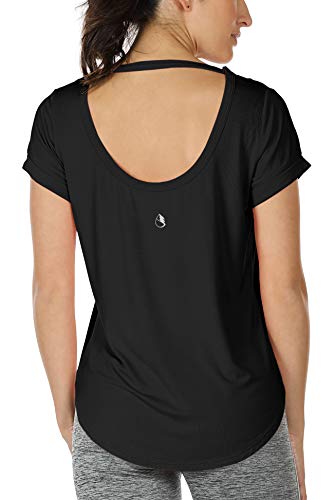 icyzone Camiseta de Yoga Deportiva de Manga Corta de Espalda Abierta para Mujer (M, Negro)