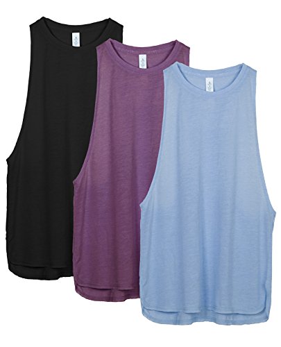 icyzone Sueltas y Ocio Camiseta sin Mangas Camiseta de Fitness Deportiva de Tirantes para Mujer(Paquete de 3) (S, Negro/UVA Morada/Azul Cielo)
