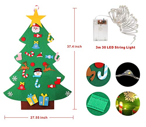 Idefair Árbol de Navidad de Fieltro DIY 26 Piezas de Adornos Desmontables con Luces de Cadena de 3,2 pies para Colgar en la Pared Decoraciones navideñas