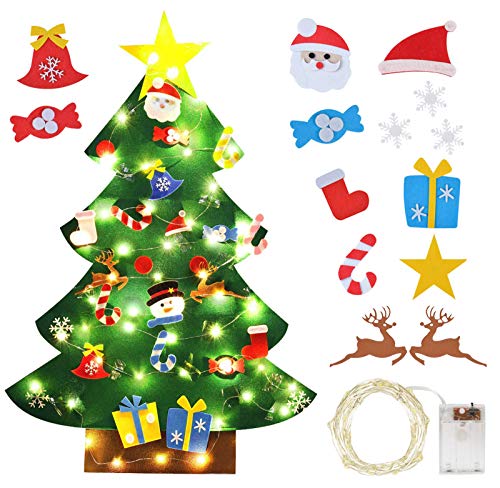 Idefair Árbol de Navidad de Fieltro DIY 26 Piezas de Adornos Desmontables con Luces de Cadena de 3,2 pies para Colgar en la Pared Decoraciones navideñas