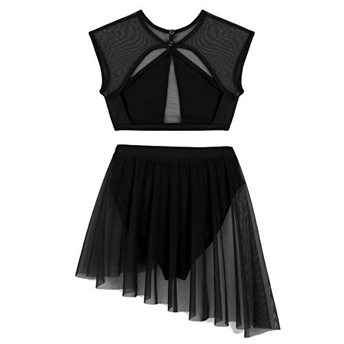 IEFIEL 2PC Maillot Adulto Sexy Crop Top con Falda Tutu Asimétrico Vestido Danza Contemporáneo Cruzada Espalda Sin Manga Negro M