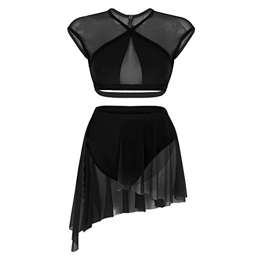 IEFIEL 2PC Maillot Adulto Sexy Crop Top con Falda Tutu Asimétrico Vestido Danza Contemporáneo Cruzada Espalda Sin Manga Negro M