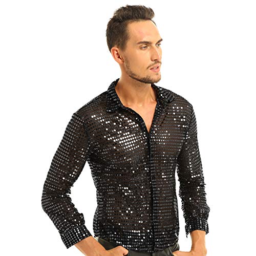 IEFIEL Camisa de Baile Latino Lentejuelas Hombre Camisa de Danza Moderna Brillante Sexy Traje de Baile Disfraz Estilo 80s Vintage M-XL Negro Medium