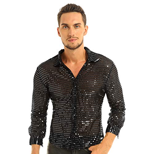 IEFIEL Camisa de Baile Latino Lentejuelas Hombre Camisa de Danza Moderna Brillante Sexy Traje de Baile Disfraz Estilo 80s Vintage M-XL Negro Medium