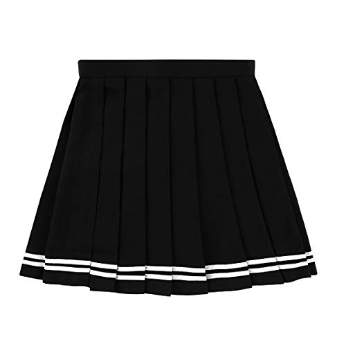 IEFIEL Falda Plisada Basico Mujer Mini Falda Escolar Falda Casual Corta Colegiala Uniforme Falda Escocesa Cintura Alta Elástica para Chicas Negro Rayas XXXL