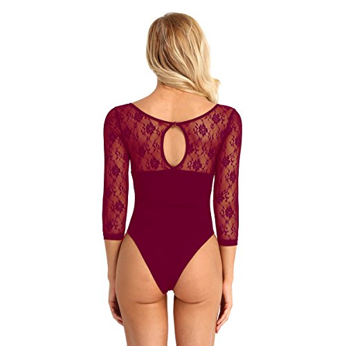 IEFIEL Maillot de Ballet Mujer Body Mono de Danza Ballet Manga Larga de Encaje Leotardo de Gimnasia para Adulto Rojo Vino M