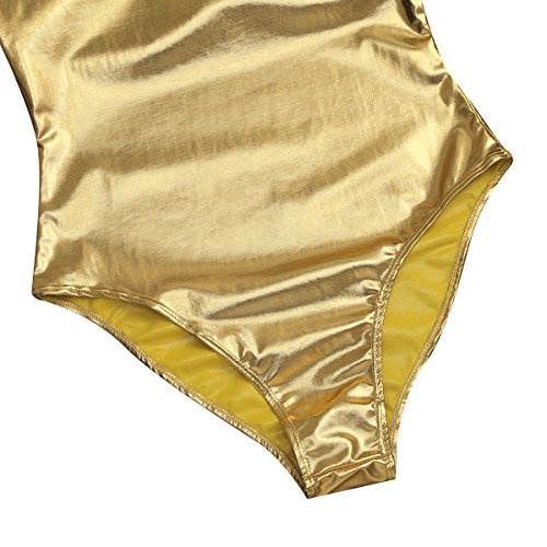 IEFIEL Maillot de Danza Ballet Body de Una Pieza Wetlook Gimnasia Leotardo Maillot Charol Elástico Manga Larga/Corta Maillot Danza Gimnasia Monos Bodycon Dorado A S