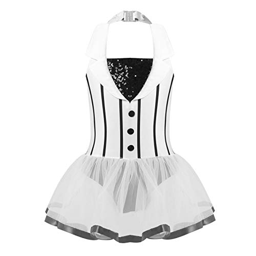 IEFIEL Maillot de Danza Ballet Niñas Maillot Tul Tutú de Patinaje Artistico Maillot de Gimnasia Ritmica Body de Danza Gimnástica Vestido Baile Moderna Blanco 9-10 años