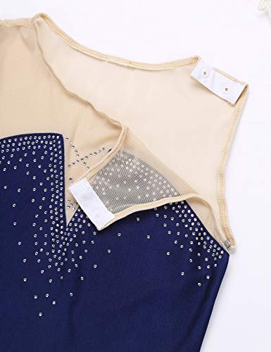 IEFIEL Maillot de Patinaje Artístico con Tutu Niña Vestido de Patinaje Danza Ballet Diamantes sin Mangas Leotardo Gimnasia Rítmica Disfraz Bailarina Azul Navy 10 Años