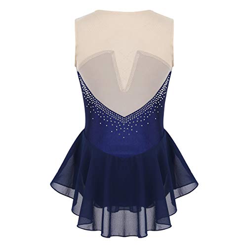 IEFIEL Maillot de Patinaje Artístico con Tutu Niña Vestido de Patinaje Danza Ballet Diamantes sin Mangas Leotardo Gimnasia Rítmica Disfraz Bailarina Azul Navy 10 Años