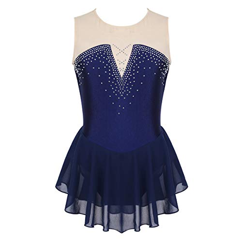 IEFIEL Maillot de Patinaje Artístico con Tutu Niña Vestido de Patinaje Danza Ballet Diamantes sin Mangas Leotardo Gimnasia Rítmica Disfraz Bailarina Azul Navy 10 Años