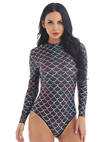 IEFIEL Traje de Baño de Una Pieza Mujer Body Manga Larga para Nadar Fiesta Club Sexy Mono con Cremallera Disfraz Sirena Bañador Natacion Protección Solar Negro S/M